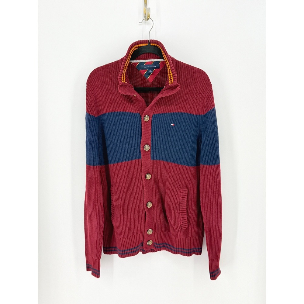 Tommy Hilfiger Mens Ivy Prep Chunky Knit Strip Cardigan Sweater Size L Academia